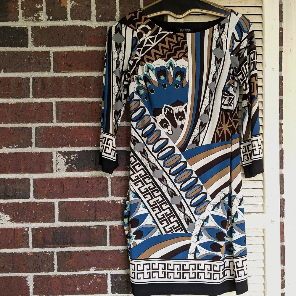 Enfocus Studio Art Deco  gold, blue, grey, brown, black print dress size 4
